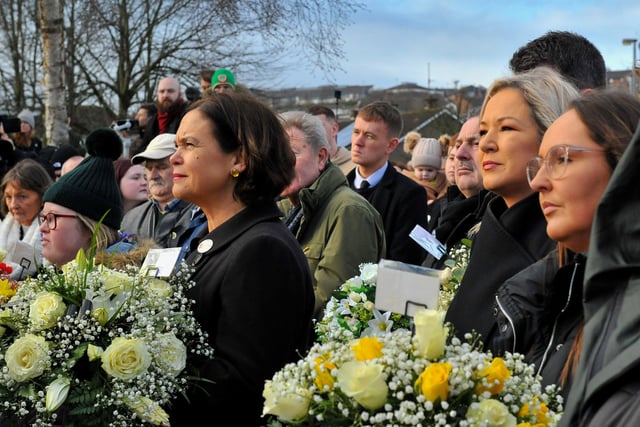 Mary Lou McDonald and Michele O’Neill at the Bloody Sunday Monument during the 50th anniversary Memorial Service at Rossville Street on Sunday morning. Photo: George Sweeney, DER2205GS – 023