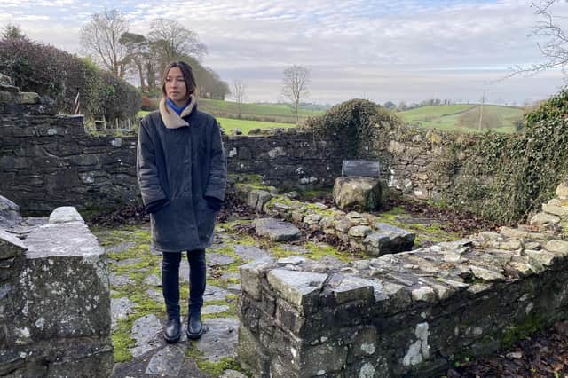 Aoife Hinds visits the birthplace of Patrick Bronte in Rathfriland, Co Down, during filming for The Brontes: An Irish Tale