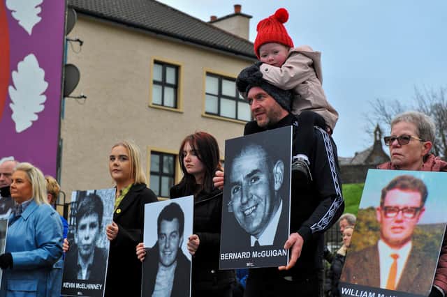Relatives including young Maisie McLaughlin whose great grandfather was Bernard McGuigan,  walking the route of the original Civil Rights march on Sunday morning, the 50th Anniversary of those who were shot dead and wounded on Bloody Sunday. Photo : George Sweeney, DER2205GS – 017
