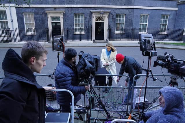 The media gathered outside no 10 Downing Street, London. Prime Minister Boris Johnson will make a statement to MPs on the Sue Gray report after she provided an update on her investigations