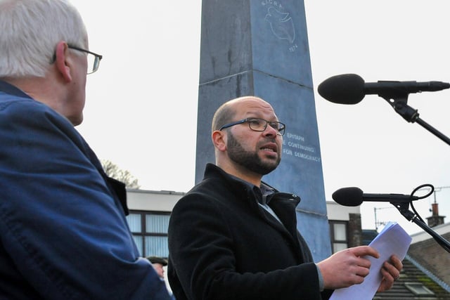 Dr Sameh Hassan speaking on behalf of the local Muslin community at the 50th anniversary Memorial Service held at the Bloody Sunday Monument on Rossville Street on Sunday morning. Photo: George Sweeney, DER2205GS – 022