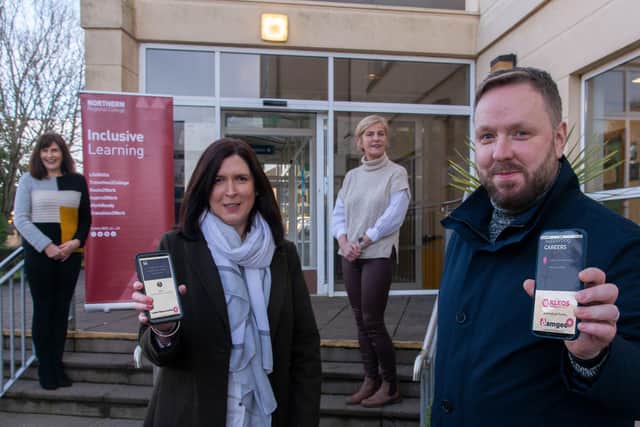 Colleen and Damien Caldwell, founders of DAMGEO, childcare lecturer, Katrina McCallion and head of inclusive learning at Northern Regional College, Jennifer McFadden