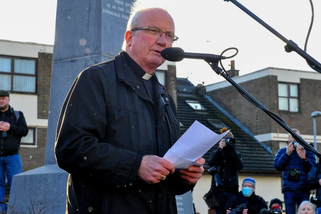 The Most Reverend Dr, Donal McKeown, Bishop of Derry, speaking at the 50th anniversary Memorial Service held at the Bloody Sunday Monument on Rossville Street on Sunday morning. Photo: George Sweeney, DER2205GS – 021