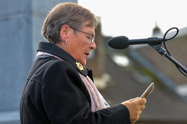Kay Duddy reads a prayer at the 50th anniversary Memorial Service held at the Bloody Sunday Monument on Rossville Street on Sunday morning. Photo: George Sweeney, DER2205GS – 011