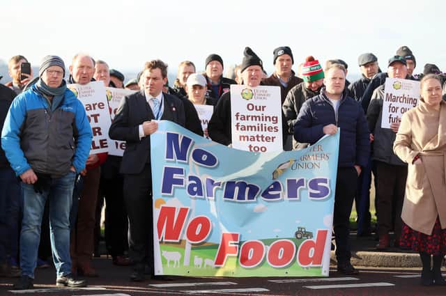 Farmers from across Northern Ireland protesting today to urge politicians to reject attempts to toughen up proposed climate change laws.The Ulster Farmers Union and agri-food business groups are calling on Stormont's elected representatives to back proposed legislation that would seek to reduce net greenhouse gas emissions by 82% by 2050. Photo by Jonathan Porter // Press Eye