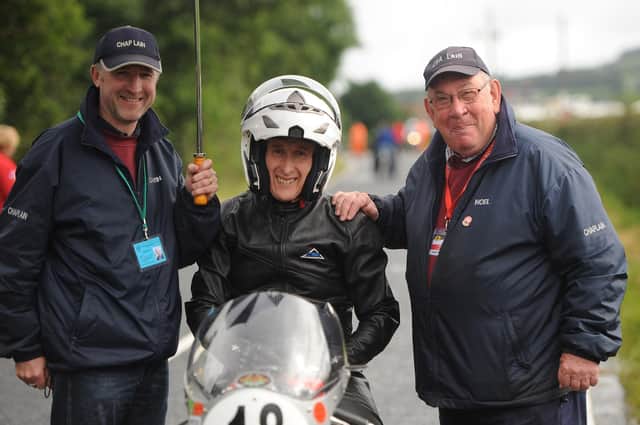 Race chaplin the Rev John Kirkpatrick and his race team, assistant chaplins Pastor Edwin Ewart and the Rev Noel Agnew on the Armoy road race start grid