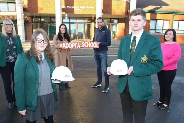 Helping to launch the new CITB NI ‘Adopt a School’ scheme at St Malachy’s High School Castlewellan were Amanda Stevenson from CITB NI, Dainora Tautkute, Year 11 pupil, Claire Quinn from Quinn Piling, Damien Doran from NuLine Utilities, Sinead McNulty, head of careers St Malachy's HS and Dylan Flanagan, Year 13 pupil