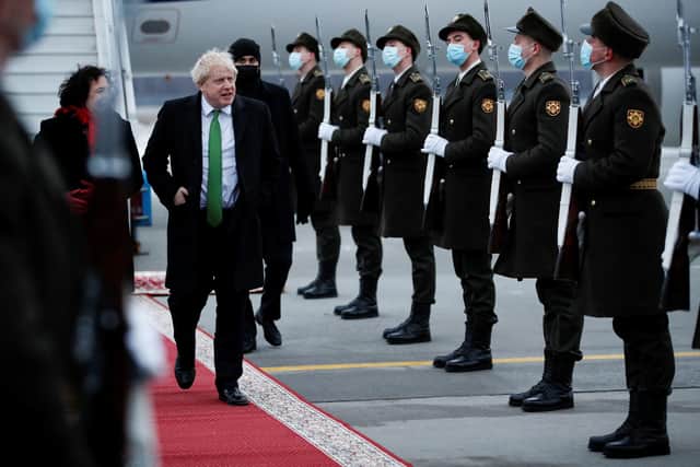 Prime Minister Boris Johnson arrives in Kyiv, Ukraine today for crisis talks with Ukrainian president Volodymyr Zelensky amid rising tensions with Russia. Photo: Peter Nicholls/PA Wire