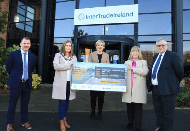 Tony McKeown, CEO of Newry Chamber, Cllr Oonagh Magennis, deputy chairperson of Newry, Mourne and Down Council, Margaret Hearty, CEO of InterTradeIreland, Riona McCoy, senior enterprise officer at Louth County Council and Paddy Malone, PRO of Dundalk Chamber