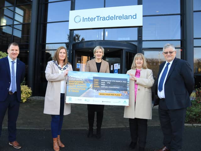 Tony McKeown, CEO of Newry Chamber, Cllr Oonagh Magennis, deputy chairperson of Newry, Mourne and Down Council, Margaret Hearty, CEO of InterTradeIreland, Riona McCoy, senior enterprise officer at Louth County Council and Paddy Malone, PRO of Dundalk Chamber