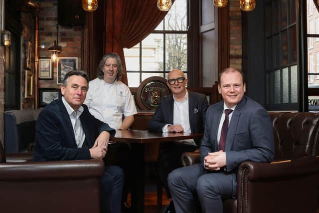 At the launch of the Hospitality Employers Charter Economy Minister, Gordon Lyons MLA joins chief executive of Hospitality Ulster, Colin Neill, Hospitality Ulster vice chair and Horatio Group, managing director, Stephen Magorrian and chef and restaurateur Michael Deane