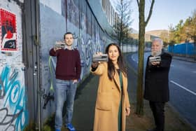 Pictured launching the new app is Matthew Malcolm, Arts Council of Northern Ireland, Deepa Mann-Kler, artist and Professor Paul Moore, Future Screens NI