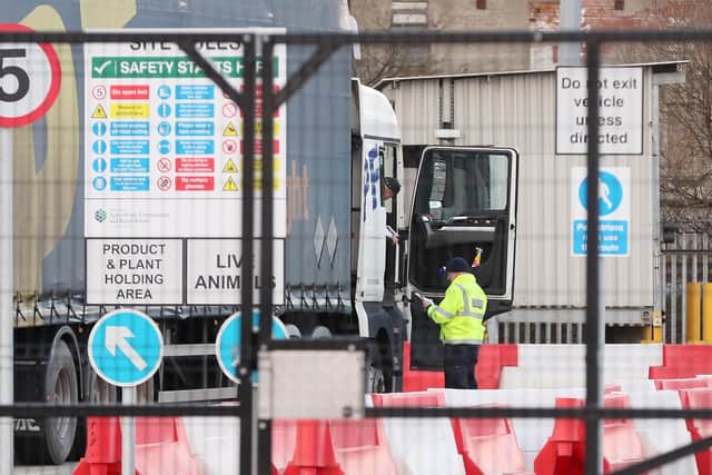 Lorries and goods being continued to be checked at the Department of Agriculture, Environment and Rural Affairs checking facility in Belfast Port on Thursday, despite orders from Minister Edwin Poots for them to stop.  
Picture by Jonathan Porter/PressEye
