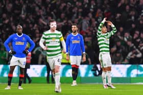 GLASGOW, SCOTLAND - FEBRUARY 02:   Reo Hatate of Celtic celebrates  after scoring his team's second goal during the Cinch Scottish Premiership match between Celtic FC and Rangers FC at  on February 02, 2022 in Glasgow, Scotland. (Photo by Mark Runnacles/Getty Images)