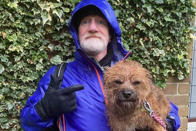 Jake and his dog Toffee heading for a walk in the rain. The comic is optimistic as the pandemic reaches its endgame and feels the speed at which scientists developed a vaccine for the virus was nothing short of 'miraculous'