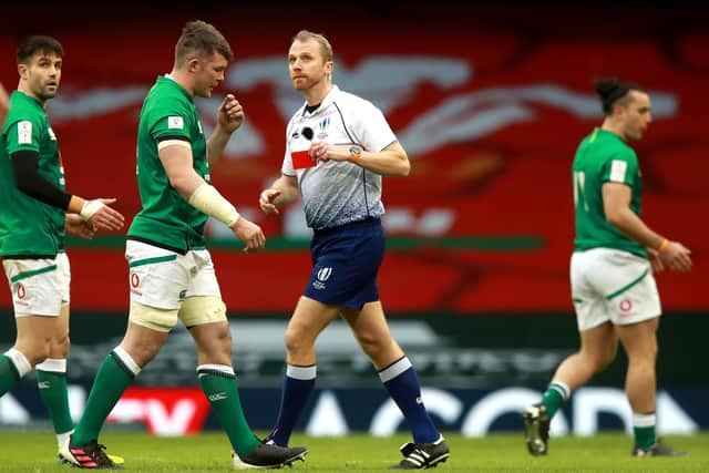 CARDIFF, WALES - FEBRUARY 07: Peter O'Mahony of Ireland is shown a red card by Referee, Wayne Barnes during the Guinness Six Nations match between Wales and Ireland at the Principality Stadium on February 07, 2021 in Cardiff, Wales. Sporting stadiums around the UK remain under strict restrictions due to the Coronavirus Pandemic as Government social distancing laws prohibit fans inside venues resulting in games being played behind closed doors. (Photo by David Rogers/Getty Images)