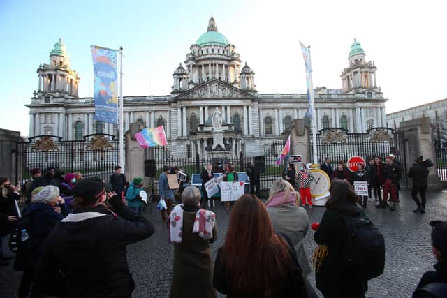 A rally at Belfast City Hall in opposition to Paul Givan's resignation as First Minister which was organised by Women's Policy Group NI on Friday.
Pic Pacemaker