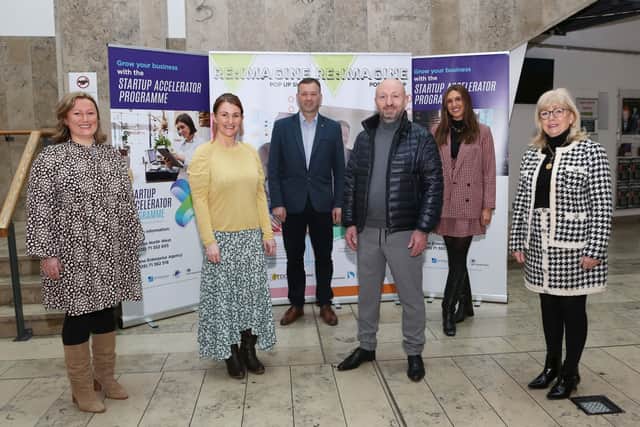Pictured at the RE:IMAGINE Pop Up Shop Pitching event are Deirdre Williams, business development manager, Fashion and Textile Design Centre, judges Emma McGill, Strabane Town Centre development manager, Fergal Rafferty, manager, Foyleside Shopping Centre, Michael Kelly, vice-chairman, Strabane BID, Yasmin Robinson, fashion blogger, and Helen Quigley, Inner City Trust