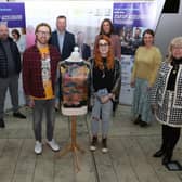 Niall Lynch and Bridgene Graham, Coalesce Wearable Art, centre, who made the first pitch., with from left, Deirdre Williams, business development manager, Fashion and Textile Design Centre, judges Michael Kelly, vice-chairman, Strabane BID, Fergal Rafferty, manager, Foyleside Shopping Centre, Emma McGill, Strabane Town Centre development manager, Yasmin Robinson, fashion blogger and Helen Quigley, Inner City Trust