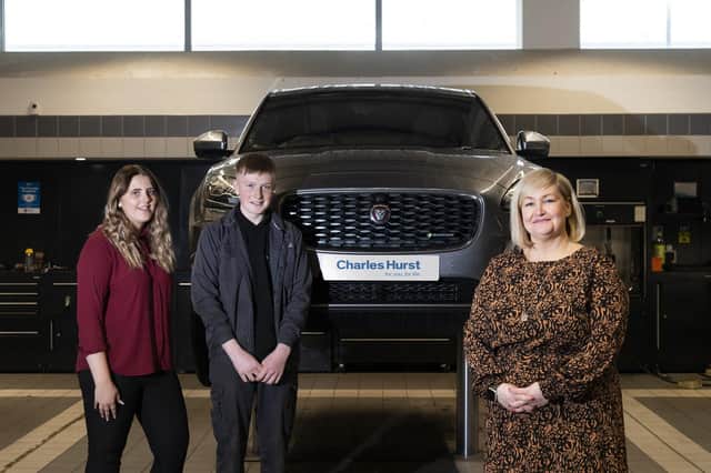 Lookers’ new group apprenticeship & early careers programme Manager, Suzanne Sherry with service advisor apprentice, Faith McCarton and technician apprentice, Euan Dalgleish