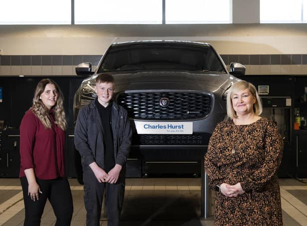 Lookers’ new group apprenticeship & early careers programme Manager, Suzanne Sherry with service advisor apprentice, Faith McCarton and technician apprentice, Euan Dalgleish