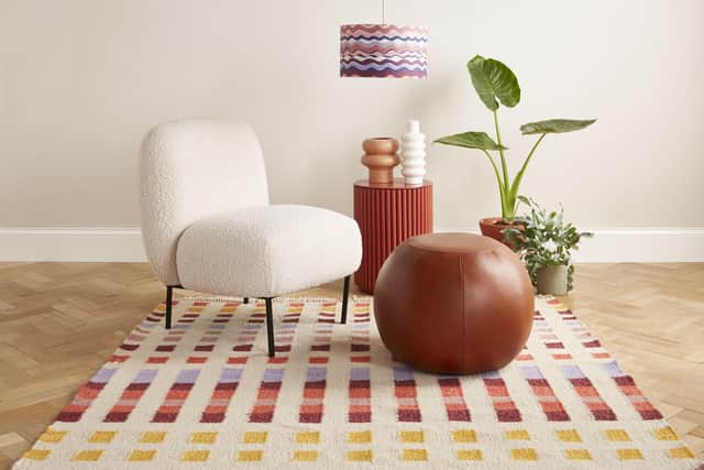 Henry Holland’s 70s inspired homeware collection is an easy way to get the look...Shaun Boucle Chair, £249, Feet Up Leather Pouffe, £150, Jiggle Patterned Shade Ceiling Pendant, £35, Checkmate Rug, from £69, other items from a selection, Freemans.