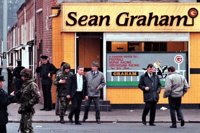 Scene of the Sean Graham bookmakers shooting in 1992. Photo: Pacemaker