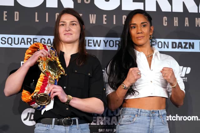 Katie Taylor (left) and Amanda Serrano during a press conference at The Leadenhall Building in London. Pic by PA