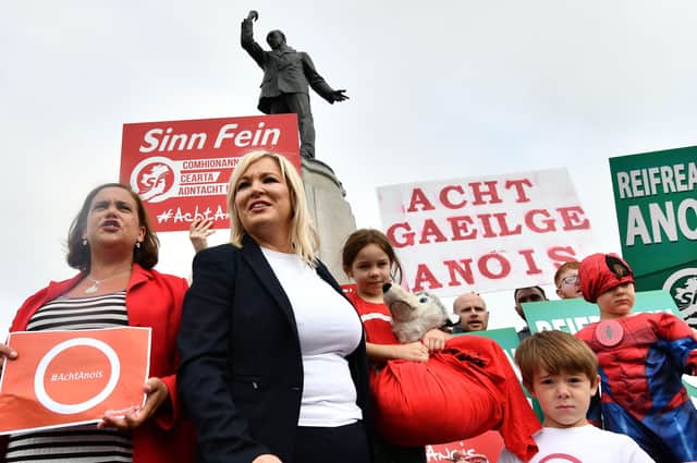 Sinn Fein president Mary Lou McDonald (left) with Deputy First Minister Michelle O’Neill at an Irish language protest at Stormont in 2019