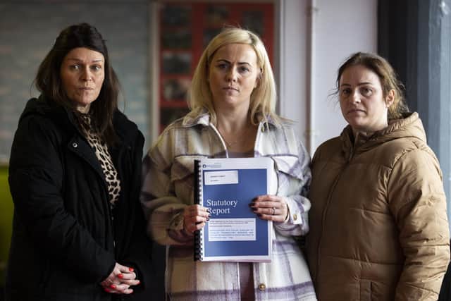 (left to right) Joanne Maxwell, Laura Raffo and Mairead Gibson, daughters to Christy Doherty, who was a victim in the attack on Sean Graham's bookmaker. PA image