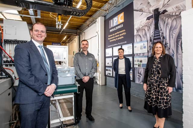 Economy Minister Gordon Lyons, Graeme Bennett, director of IPC Mouldings, Grainne McVeigh, director of advanced manufacturing and engineering, Invest NI and Joanne Liddle, managing director of IPC Mouldings