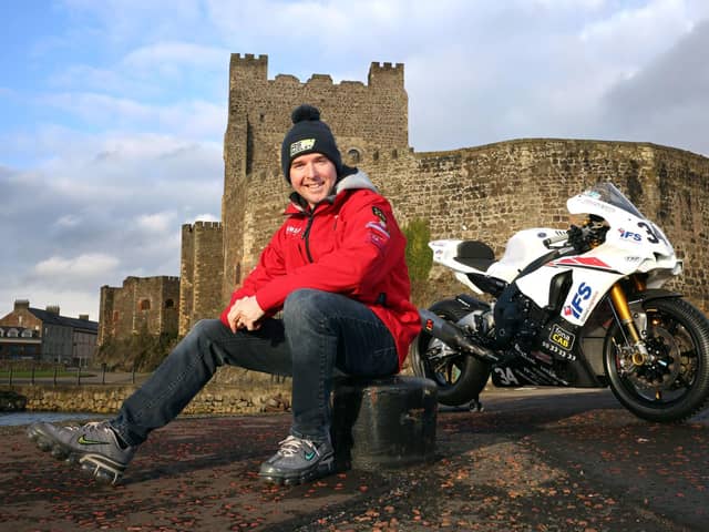 Alastair Seeley in his hometown of Carrickfergus with the IFS Yamaha R1 he will race at the North West 200 from May 10-14.