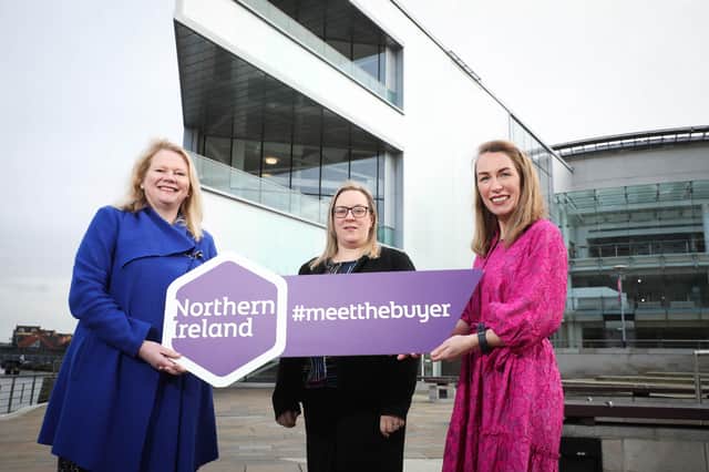 Pictured at the ICC Belfast launching Meet the Buyer 2022 are Julia Corkey, CEO ICC Belfast, Naomi Wilson CIS, sales and marketing manager at Clayton Hotel Belfast and Eimear Callaghan, business solutions manager at Tourism NI