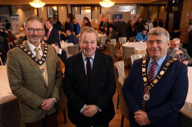 From left, Mayor of Mid and East Antrim Borough Council William McCaughey; Veterans Commissioner Danny Kinahan and Mayor of Antrim and Newtownabbey Borough Council Billy Ashe. The trio are pictured at a Veterans Roadshow in Antrim.