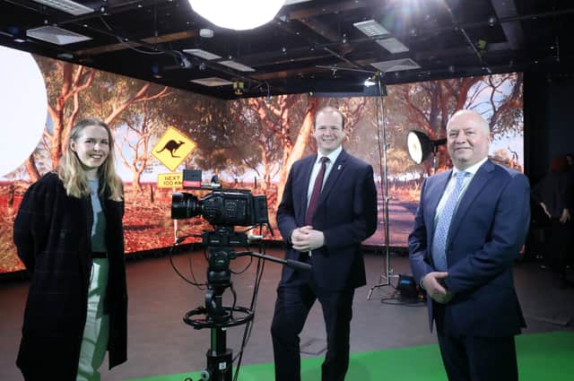At the launch of Ulster University's Virtual Production Studio in Belfast are Economy Minister Gordon Lyons (centre) with Fiona McLaughlin, Co-Founding Director of Taunt Studios and Professor Frank Lyons, Interim Executive Dean of Arts, Humanities and Social Sciences at UU.