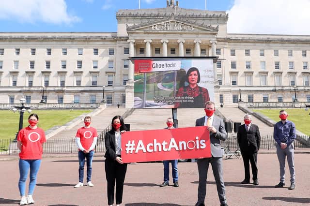 Irish language activists at Parliament Buildings, Stormont last year protesting in support of an Irish language act. Picture: Jonathan Porter/PressEye