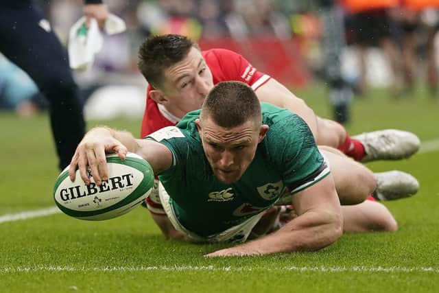 Ireland's Andrew Conway scores a try during the Six Nations match at Aviva Stadium in Dublin, Ireland. Picture date: Saturday February 5, 2022.