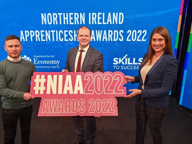 Pictured with Economy Minister Gordon Lyons at the virtual NI Apprenticeship Awards 2022 awards ceremony are local presenter and ceremony compere Sarah Travers with former two-weight world champion boxer Carl Frampton