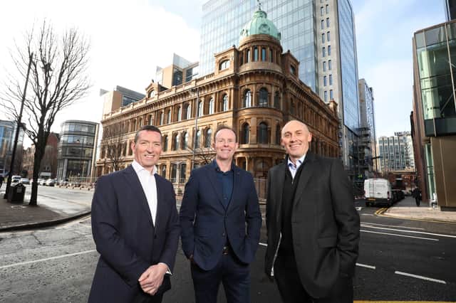 Pictured outside Deloitte’s new offices in Belfast are Martin Goss, director of Etain, Danny McConnell, lead consulting partner for Deloitte in Northern Ireland and Peter Shields, director of Etain