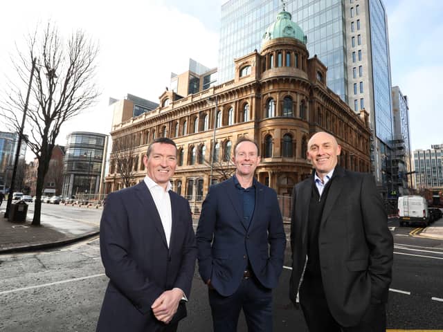 Pictured outside Deloitte’s new offices in Belfast are Martin Goss, director of Etain, Danny McConnell, lead consulting partner for Deloitte in Northern Ireland and Peter Shields, director of Etain