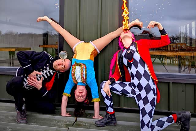 Circus performers rehearsing for the unique Cirque du Cider showcase on Long Meadow apple orchards and cider processing enterprise
