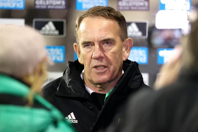 Northern Ireland head coach Kenny Shiels being interviewed after the final whistle of the FIFA Women's World Cup 2023 UEFA Qualifying match at Seaview, Belfast. Picture date: Tuesday October 26, 2021.