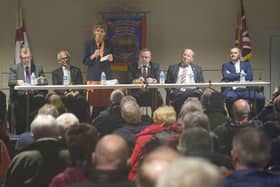Baroness Kate Hoey speaking at the anti-Northern Ireland Protocol rally at Dromore Orange Hall on Thursday night