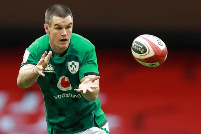 CARDIFF, WALES - FEBRUARY 07:  Johnny Sexton of Ireland catches the ball during the Guinness Six Nations match between Wales and Ireland at Principality Stadium on February 07, 2021 in Cardiff, Wales.Sporting stadiums around the UK remain under strict restrictions due to the Coronavirus Pandemic as Government social distancing laws prohibit fans inside venues resulting in games being played behind closed doors. (Photo by David Rogers/Getty Images)