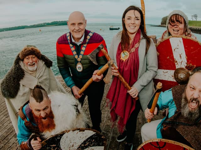 Mayor of Ards and North Down Borough Council, Councillor Mark Brooks and Chairperson of Newry, Mourne and Down District Council, Councillor Cathy Mason along with Magnus Vikings from Ballydugan Medieval Settlement are excited to launch the Strangford Lough Viking Festival being held this March