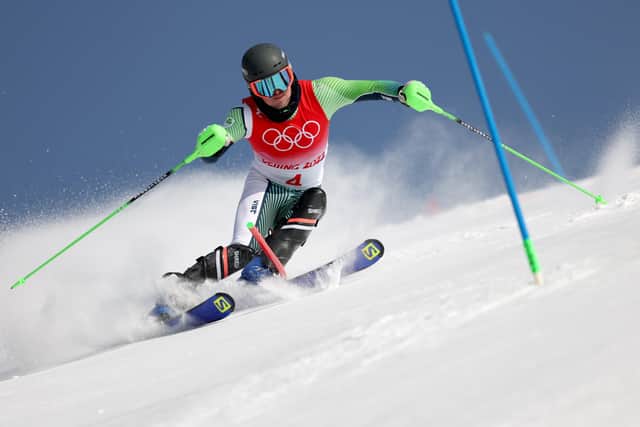 YANQING, CHINA - FEBRUARY 10: Jack Gower of Team Ireland skis during the Men's Alpine Combined Slalom on day six of the Beijing 2022 Winter Olympic Games at National Alpine Ski Centre on February 10, 2022 in Yanqing, China. (Photo by Sean M. Haffey/Getty Images)