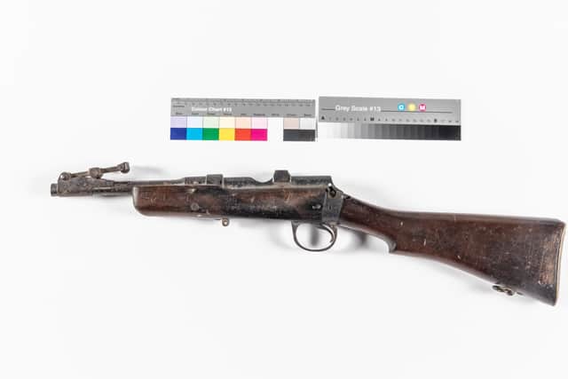 Undated handout photo issued by Monaghan County Museum of the rifle used to kill IRA commandant Matt Fitzpatrick in a 1922 gun battle took place at a railway station in the border town of Clones that claimed the lives of several people. Issue date: Thursday February 10, 2022.