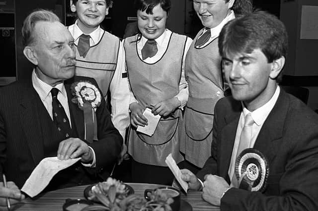 Enoch Powell with a young Jeffrey Donaldson in 1987 when the current DUP leader was acting as Powell’s election agent