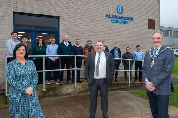 Karen Hastings, Investment and Place Manager, MEABC, with James McKergan, ADL, Mayor, Cllr William McCaughey, and the ADL Ballymena team.