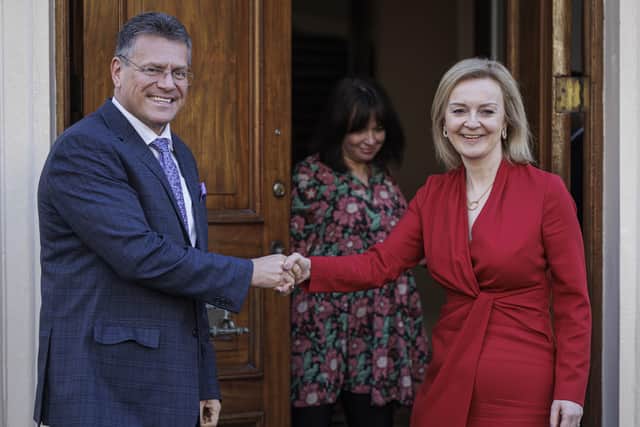 Foreign Secretary Liz Truss meeting European Commission vice-president Maros Sefcovic for talks in central London on the Northern Ireland Protocol. Picture date: Friday February 11, 2022. PA Photo. See PA story POLITICS Brexit. Photo credit should read: Rob Pinney/PA Wire